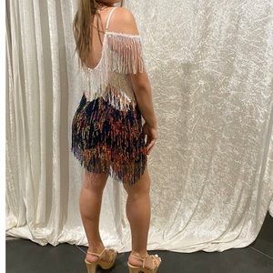 Banjul White Black Sequin Fringe Mini Dress Size